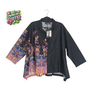 NWT Attitudes by Renée Art Shirt 🎨 Floral Print Black Colorful Boho Sz 14